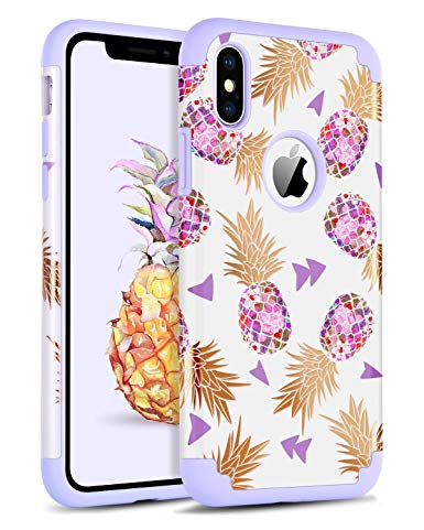 BENTOBEN Phone Case for Apple iPhone X/10, Pretty Pineapple Cases, Heavy Duty Dual Layer Hard PC Cover Soft Silicone Bumper Protective Cases Hybrid Shockproof Phone Covers for Girls, Women - Purple