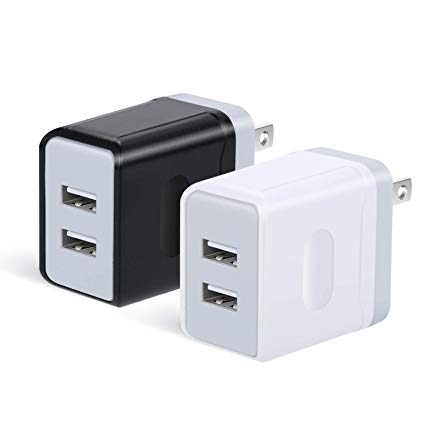 OKRAY USB Wall Charger, 2 Pack 5V/3A Portable Dual USB Travel Power Adapter Wall Charger Plug Charging Block Phone Charger with Wall Plug Compatible iPhone XS, Samsung S10/S9/S8, Android (Black White)