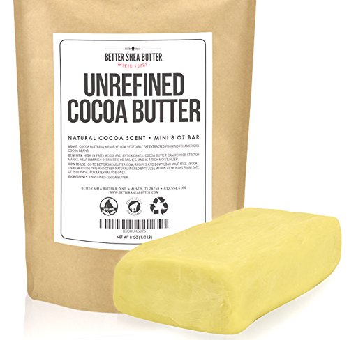 Unrefined Cocoa Butter - Raw, 100% Pure with Natural Cocoa Scent - Use in DIY Lotion, Lotion Bars and Sticks, Lip Balm, Body Butter and a Lot More Skin Care Creations - 8 oz