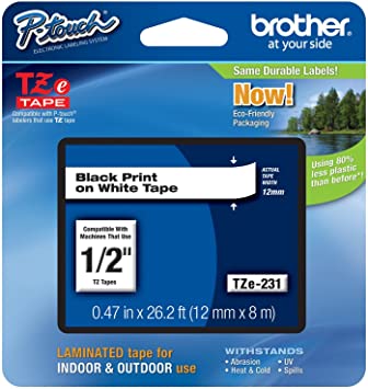 4 Pack Brother P-touch ~1/2" (0.47") Black on White Standard Laminated Tape - 26.2 ft. (8m)