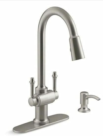 Thierry Two Handle Pull-Down Sprayer Kitchen Faucet with Soap Dispenser in Vibrant Stainless by Kohler