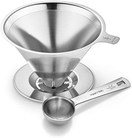 Soulhand Pour Over Metal Coffee Dripper, Reusable Stainless Steel Filter Cone Double Layer Serve Coffee Brewer Maker, with 15ml/1tbsp Coffee Scoop and Coffee Brush for Home Office Travel Camping