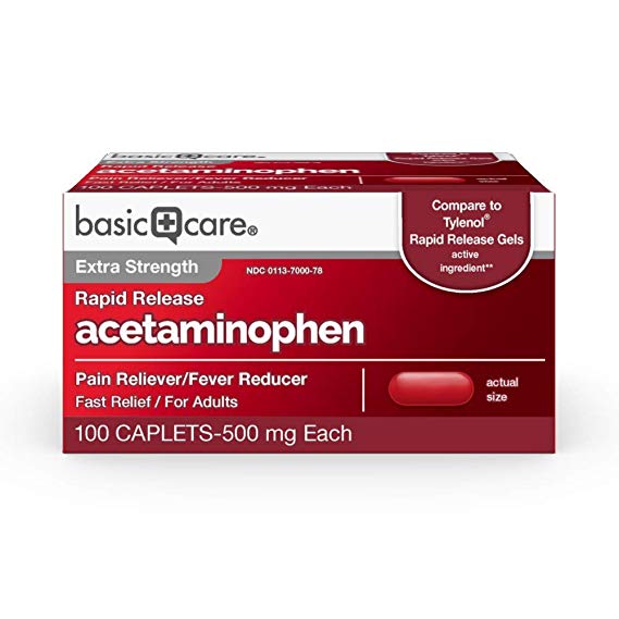 Basic Care Rapid Release Pain Relief, Acetaminophen Caplets 500 mg, Extra Strength Pain Reliever and Fever Reducer, 100 Count