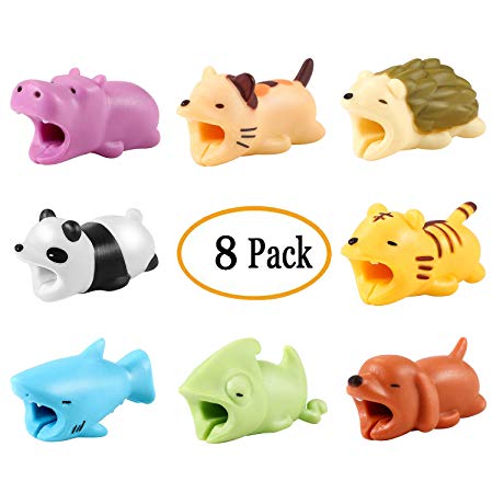 Cable Bite, Auzky [8-Pack] Animal Bite Cable Protector Cable Bites, Exclusively Compatible with iPhone Cable Cord, Including Shark / Panda / Hedgehog / Dog / Cat / Chameleon / Tiger / Hippo