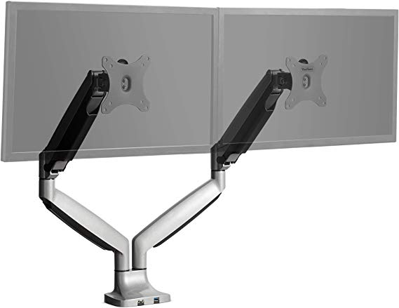 VonHaus Aluminium Full Motion Dual Monitor Mount for 13-32” Screens - Gas Assisted Double Arm Desk Bracket with Clamp - 180° Tilt, 360° Rotation & Twin 360° Swivel Arms - VESA: 75x75mm, 100x100mm