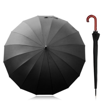 Becko 54 Inches Auto Open Umbrella Long Umbrella with 16 Ribs, Durable and Strong Enough for the Fierce Wind and Heavy Rain, Classic Style with Bent Handle, Unisex Rain Umbrella - Black