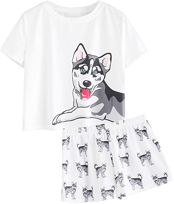 DIDK Women's Cute Cartoon Print Tee and Shorts Pajama Set