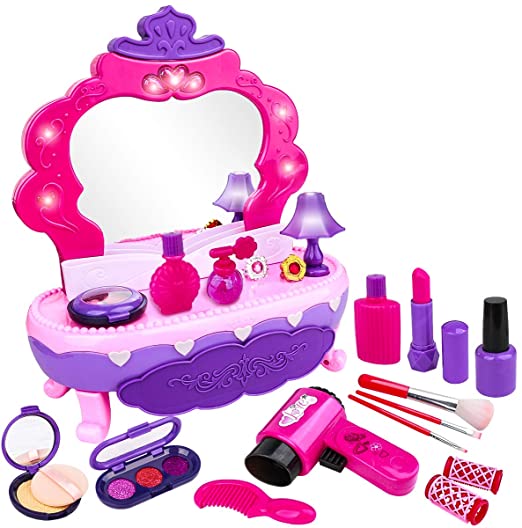 Beauty Vanity Play Set - Kids Play Vanity Toy with Pretend Makeup Accessories Beauty Salon Play Set Christmas Birthday Gifts for Little Girl