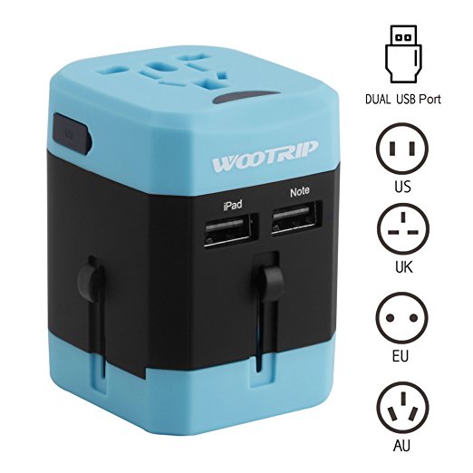 International Travel Adapter, Wootrip Worldwide All in One Power Converter Charger with Dual USB Charging Ports & Universal AC Socket Safety Fused For USA UK EU AUS CN Blue