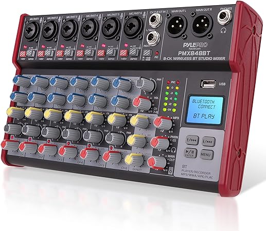 Pyle Professional Wireless DJ Audio Mixer - 8-Channel Bluetooth Compatible DJ Controller Sound Mixer w/USB Port, 6 Mic/Line Input, ¼” Mono/Stereo Input, Headphone Jack, 48V Phantom Power - PMX848BT