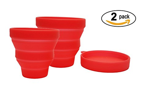 [2 Pack] Foldable Baby Kid Sippy Cups For Toddlers Collapsible with Lid holder Included Perfect for travel outside on the go baby companion made from FDA FOOD-GRADE SILICONE by Bambini Bear - Red