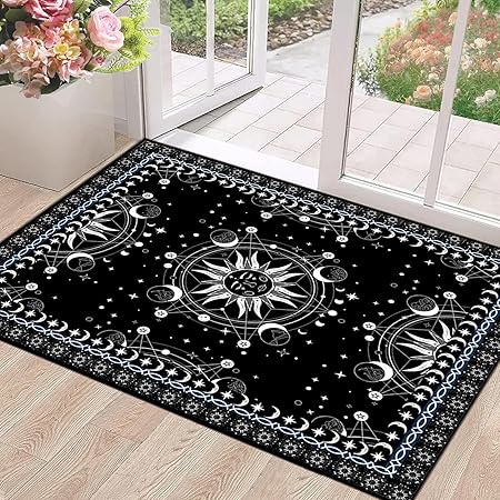 Sun and Moon Rug Boho Celestial Area Rugs for Bedroom Dorm Living Room Bohemian Occult Crescent Solar Stars Galaxy Floor Mat Pad Doormat Carpet,47" X 31",Black