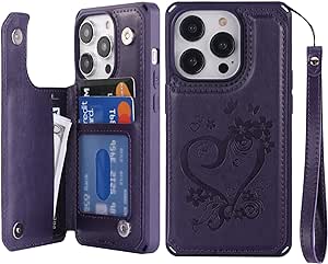 iCoverCase for iPhone 14 Pro Case with Card Holder, iPhone 14 Pro Wallet Case for Women with Strap [RFID Blocking] Embossed Leather Phone Case for iPhone 14 Pro 6.1 Inch (Heart Dark Purple)