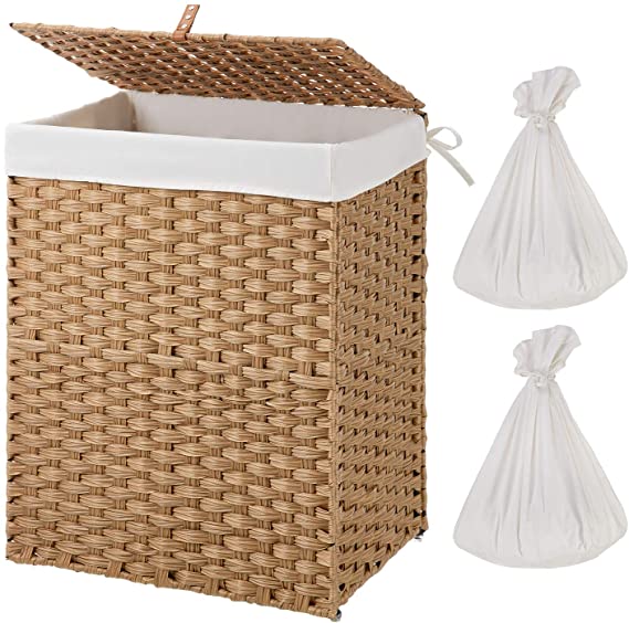 Greenstell Handwoven Laundry Hamper with 2 Removable Liner Bag,Synthetic Rattan Laundry Basket with Lid and Handles,Foldable and Easy to Install Natural(Standard Size)