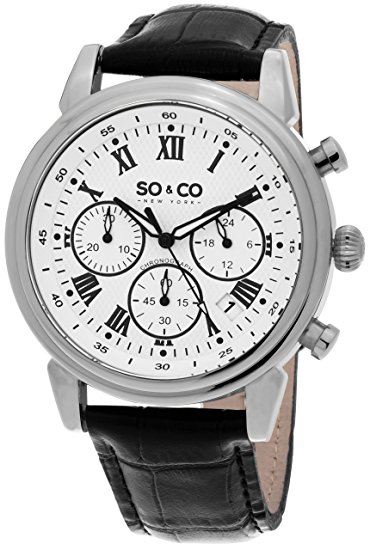 SO&CO New York Men's 5059.2 Monticello Quartz Chronograph Date Black Leather Strap Watch