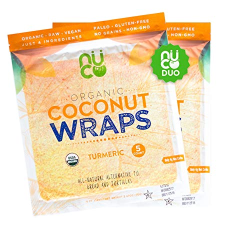 All-Natural, Paleo, Gluten Free, Vegan Non-GMO, Kosher Raw Veggie NUCO Coconut Wraps Turmeric Flavor. NO Salt Added Low Carb and Yeast Free 10 Count (Two Packs of Five Wraps Each)