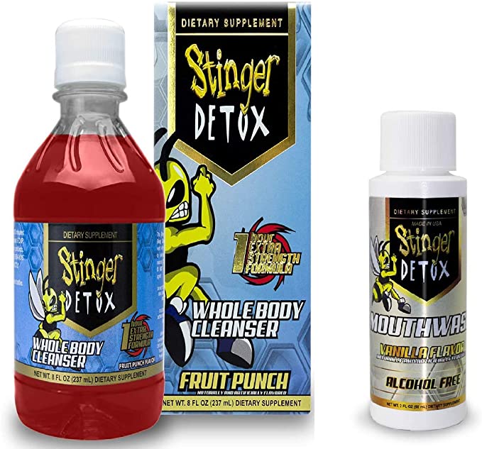 Stinger Detox Drink & Body Cleanser Combo Pack - Whole Body Cleanser Boosts Bodies Natural Process of Toxin Removal in 1 Hour - Extra Strength - 2 FL OZ Mouthwash Vanilla Flavor & 8 FL OZ Fruit Punch