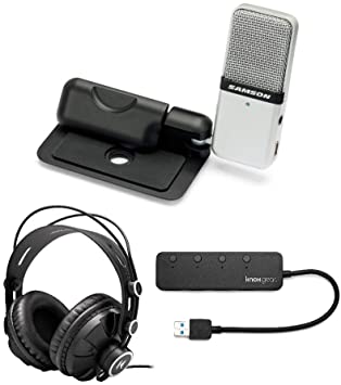 Samson Go Mic Portable USB Condenser Microphone Bundle with Knox Gear Closed-Back Studio Monitor Headphones & 4-Port USB 3.0 Hub (3 Items)