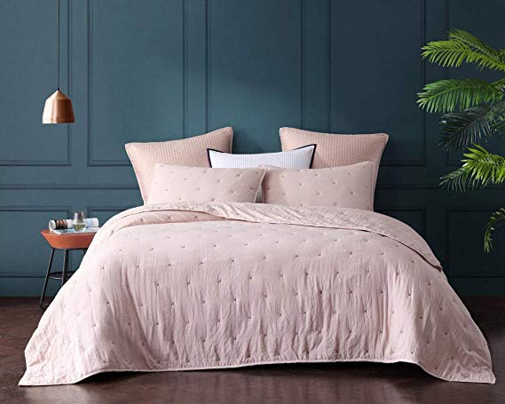 Bourina Reversible Quilt Coverlet Set Queen - Pre-Washed Microfiber Ultra Soft Lightweight Star Quilted Bedspread 3-Piece Quilt Set, Flesh Pink