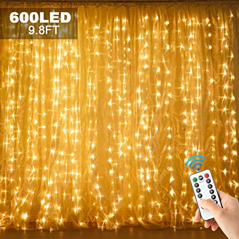 600 LED 9.8FT Curtain String Lights,Twinkle Star Window Lights,USB Powered Fairy Lights for Bedroom, Living Room, Wedding, Party, Christmas, Indoor Wall Decorations, 2 Remote Controllers, Warm White