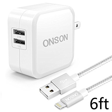 ONSON Wall Charger,Dual USB Portable Travel Charger,Foldable Plug with 6FT Long Apple Lightning Cable Charging Cord for iPhone 7/7 Plus/6S/6/6 Plus/5/5S/5C/SE,iPad Pro/Air/mini,ipod touch(White)