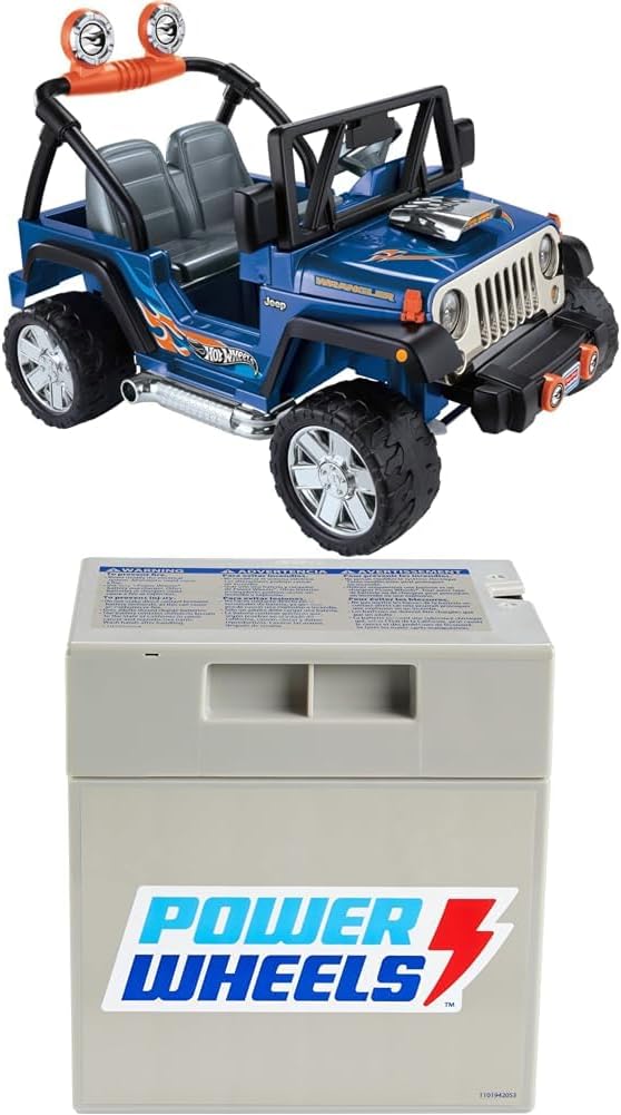 Bundle of Power Wheels Hot Wheels Jeep Wrangler Ride-On Vehicle with Music Sounds and Storage, Seats 2   Replacement Battery 12-Volt 12-Ah Rechargeable