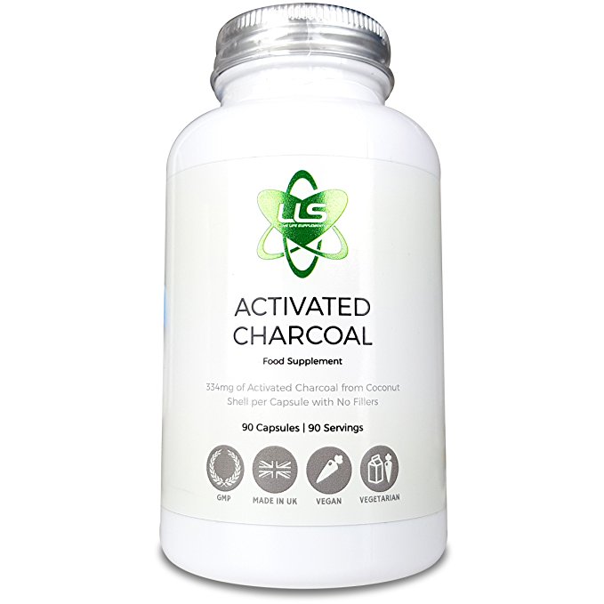 Highest Strength Activated Charcoal by LLS | 334mg per Capsule | 90 Capsules - 3 Month Supply | Single Ingredient - 100% Coconut Charcoal - No Bulking Agents No Anti Caking Agents | Suitable for Vegetarians and Vegans