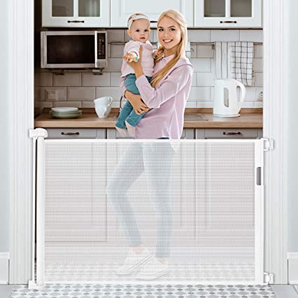 Retractable Baby Gate 54” Tough Durable Mesh Outdoor Retractable Gate Indoor Safety Mesh Baby Gates, Pet Dog Gate