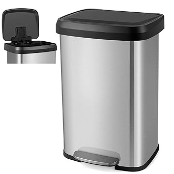 COSTWAY 50L/68L Kitchen Bin, Soft Closure Stainless Steel Recycling Pedal Bin with Handle and Non-slip Base, Fingerprint-Proof Rubbish Trash Can Dustbin (50L with Deodorizer Box, Silver)