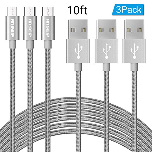 ANSEIP Type C Cable 3 Pack USB A to Type C Cable Nylon Braided USB C Data & Type-C Charger Cord for Samsung Galaxy S8/S8 ,Nexus 6P/5X，Pixel XL,LG G5/V20,New Macbook and More (Grey, 10ft)