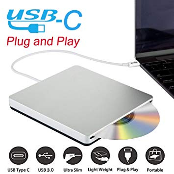 Ploveyy USB-C Superdrive External DVD/CD Reader and DVD/CD Burner for MacBook Air/Pro/iMac/Mini/MacBook Pro/ASUS/DELL Latitude with USB-C Port Plug and Play - Silver