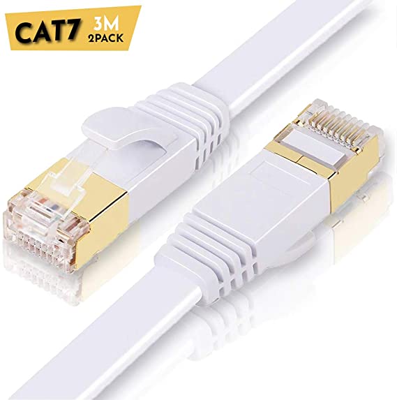 ULTRICS Network Cable 3M (2 Pack), High Speed 10Gbps Internet Lead, Flat RJ45 Cat7 Ethernet Gold Plated Plug STP Wires, LAN Patch Cord Compatible with PS4, Xbox, Router, Modem, Switch, PC - White