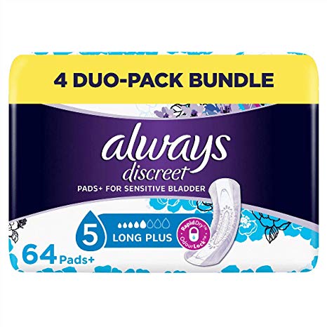 Always Discreet Incontinence Pads  Long Plus, Sensitive Bladder Locks Away Odours & Wetness In Seconds Prevent Leaks, 64 pads