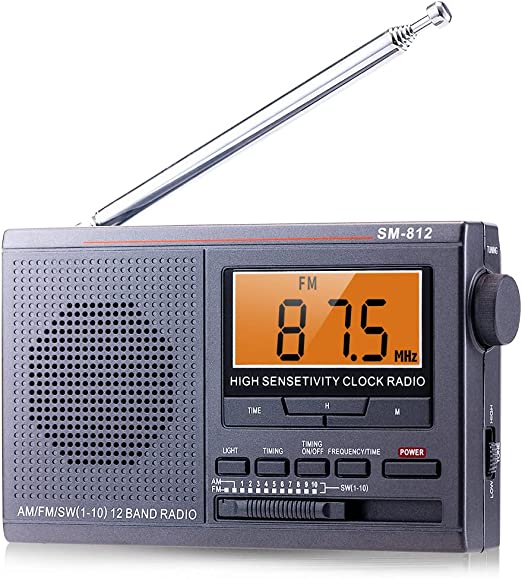 Portable AM FM SW 12 Bands Shortwave Radio, Small Walkman Digital Radio, Time Setting with Auto Power On/Off, High/Low Tone Mode, Build-in Speaker and Earphone Jack, Powered by DC or 2AA Battery