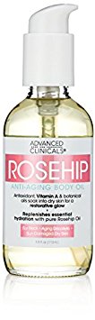 Advanced Clinicals Rosehip Body Oil. Anti-Aging oil with Vitamin A for neck, decollete, sun damaged, dry skin. 4oz.