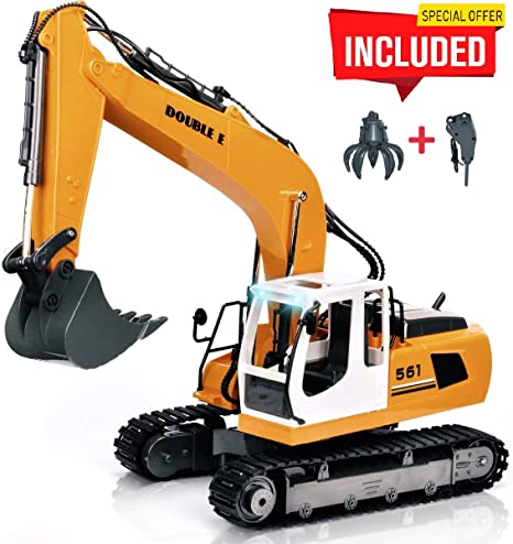DOUBLE E 17 Channel Full Functional Remote Control Truck Metal Shovel RC Excavator with 2 Bonus Drill and Grasp