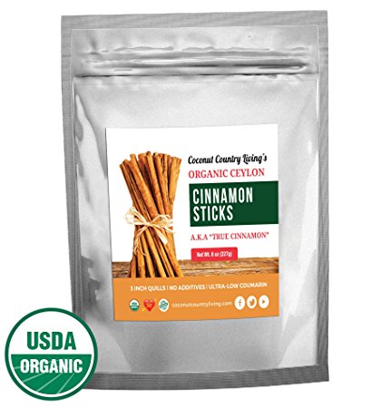 Organic True Ceylon Cinnamon Sticks 8 oz for Culinary & Medicinal Use, COMPLIMENTARY E-BOOK Recipes & Crafts, Great Gourmet Taste, Freshly Harvested & Packed in Sri Lanka
