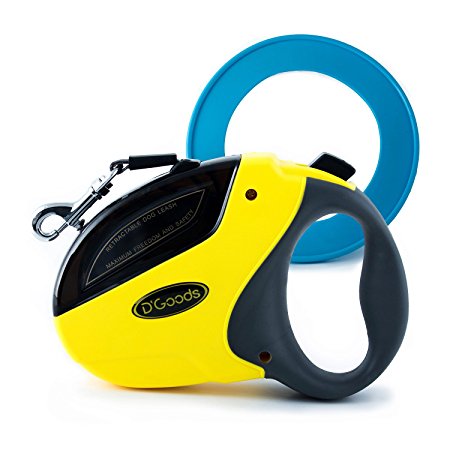 D'Goods Dog Retractable Leash – Heavy Duty Dog Leash – Long 16 ft for Large Medium Dogs – Up to 110 lbs - Tangle Free - Yellow Color Body & Grey Handle – FREE BONUS blue Frisbee