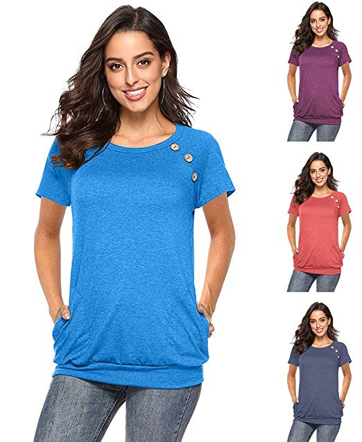 AISONG Women's Short Sleeve T Shirts Casual Button Loose Comfy Tunic Tops