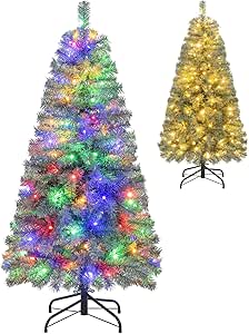 Goplus 4.5ft Pre-Lit Blue Slim Pencil Christmas Tree, Artificial Hinged Skinny Xmas Tree with 100 Warm White & Multicolored LED Lights, 9 Modes, 256 Branch Tips, Metal Stand, Home Office Decoration