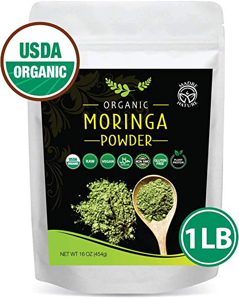 USDA Organic Moringa Oleifera Leaf Powder - Non-GMO - Perfect for Smoothies - 100% Raw from India - 16oz Resealable Bag (1 Pound) (16 oz)