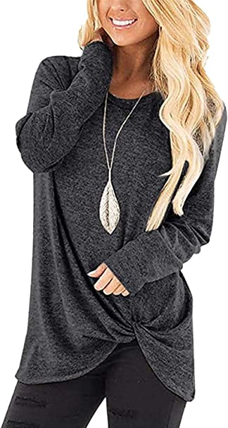 Sieanear Womens Casual Long Sleeve T-Shirts Twist Knot Front Tunic Tops