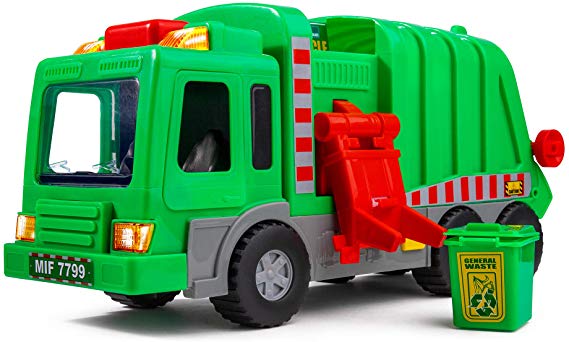 Playkidiz Kids 15" Garbage Truck Toy with Lights, Sounds, and Manual Trash Lid, Interactive Early Learning Play for Kids, Indoor and Outdoor Safe, Heavy Duty Plastic
