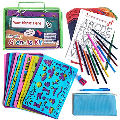 Drawing Stencil Set for Kids (51-Piece) Fun & Educational Toy. Perfect Creativity Kit & Travel Activity, Arts and Crafts for Girls & Boys. Best Gift for Children Age 3  Year Old