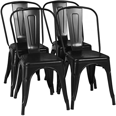 COSTWAY Tolix Style Dining Chairs Industrial Metal Stackable Cafe Side Chair w/Wood Seat Set of 4 (Black-Painted)