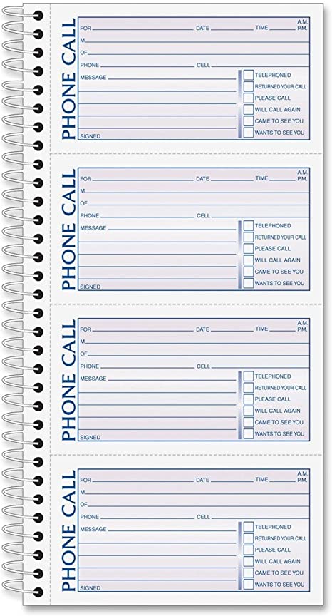 Adams Spiral Bound Phone Message Book, Carbonless Duplicate, 4 Messages per Page, 600 Sets per Book (SC1164D)