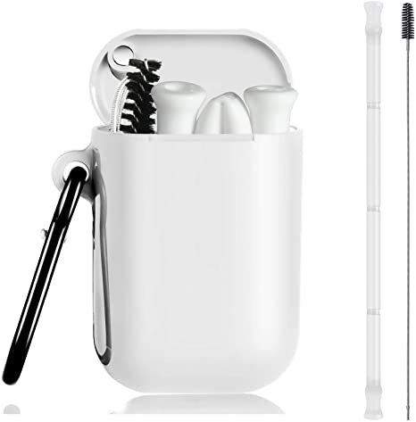 ALINK Collapsible Reusable Silicone Straws, Long Portable Flexible Drinking Straw With Carrying Case and Cleaning Brush - White