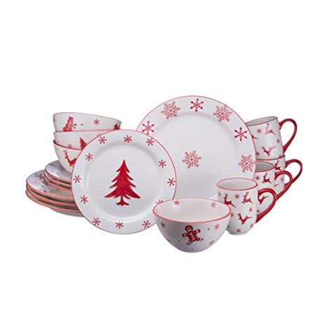 Euro Ceramica Winterfest Collection Festive 16 Piece Ceramic Dinnerware Set, Assorted Hand-Stamped Holiday Designs, Red & White