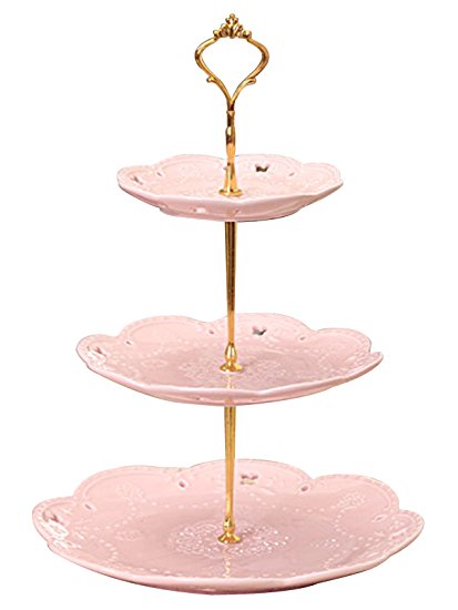 Jusalpha 3-tier Porcelain Cake Stand/ Cupcake Stand/ Dessert Stand/ Tea Party Pastry Serving Platter/ Food Display Stand , Pink (3RP Gold)