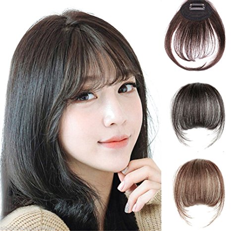 Remeehi Mini Air Flat Bangs/Fringe Hair Extensions Real Human Hair Hand Tied Bangs with Side Temples (Off Black)